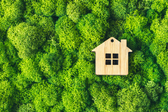 small toy house on a background of plants as a symbol of a private country house. The concept of real estate in mortgages.