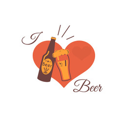 Bottle with beer and glass on the background of the heart. Poster for advertising beer.Flat design.