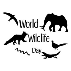 World Wildlife Day, Silhouettes of wild animals of various types and a thematic inscription, for a banner or card