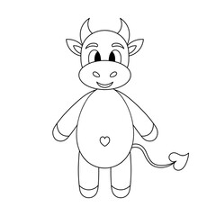Little goby. Baby cow with a cute belly. Calf. Sketch. Vector illustration. Outline on an isolated white background. Coloring book. Doodle style. Bull. Cute pet with horns and a heart-shaped tail. 