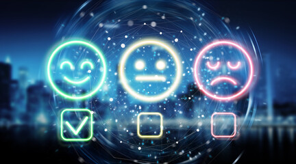 Holographic blue customer satisfaction rating interface 3D rendering