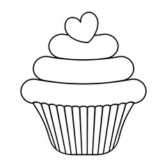 Cupcake in a curly mold. Sketch. Sweet heart dessert decoration. Vector illustration. Coloring book for children. Cake. A romantic treat. Contour on an isolated white background. Doodle style. 