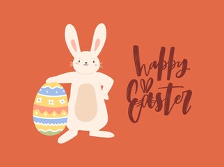 Fototapeta premium Eastern greeting card with funny bunny holding huge painted egg. Horizontal postcard with cute smiling rabbit. Colored flat vector illustration with Happy Easter inscription