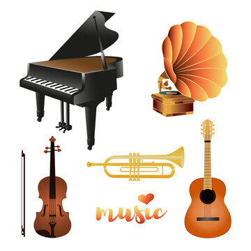 A set of musical instruments: grand piano, gramophone, trumpet, violin, guitar. Lettering with a heart.Color illustration on a white background..