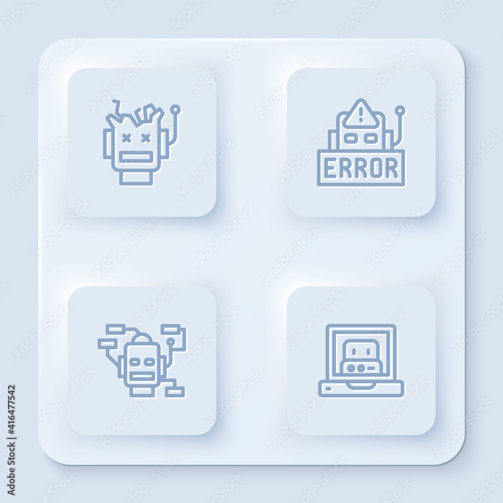 Poster set line broken robot, error in, robot and creating. white square button. vector.