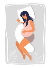 A pregnant woman sleeps on a bed with pillows. Pregnancy health and care. Vector illustration of motherhood isolated on white background.