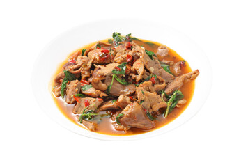 Thai spicy stir-fried duck and basil in ceramic dish on white background