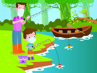 Obraz na płótnie Canvas Father and son fishing cartoon vector concept for banner, website, illustration, landing page, flyer, etc.