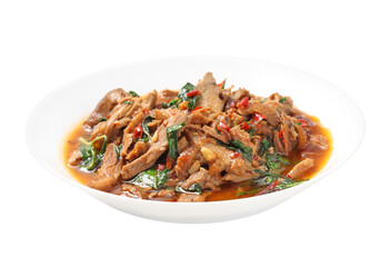 Thai spicy stir-fried duck and basil in ceramic dish isolated on white background