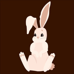 A very cute hare (rabbit) of beige color with big eyes, cheeks and ears sits with folded legs. Children's vector illustration.