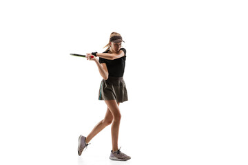 Speed. Young caucasian professional sportswoman playing tennis isolated on white background....