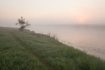 Dawn over a misty lake in spring