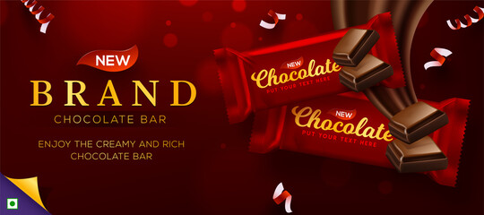 Naklejka premium Premium chocolate ads in 3d illustration with liquid chocolate on bokeh glitter red background