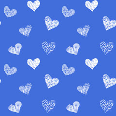 Seamless pattern with hand drawn hearts in doodle style. Blue and white colors. Valentine's day love and wedding texture background. Beautiful print for textile, cards, gift wrap, design and decor