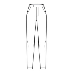 Pants cigarette technical fashion illustration with extended normal low waist, high rise, full length, slant slashed pockets. Flat trousers apparel template front, white color. Women men CAD mockup