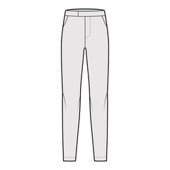 Pants cigarette technical fashion illustration with extended low waist, rise, full length, slant slashed pockets. Flat bottom trousers apparel template front, grey color. Women men unisex CAD mockup