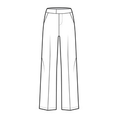 Pants tailored technical fashion illustration with extended low waist, rise, full length, flap slashed pockets. Flat casual bottom apparel template front, white color. Women men unisex CAD mockup