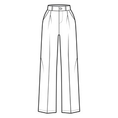 Pants tailored technical fashion illustration with extended normal waist, rise, full length, slant, flap pockets, single pleat, belt loops. Flat template front, white color. Women men CAD mockup