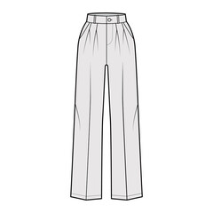 Pants tailored technical fashion illustration with extended normal waist, rise, full length, slant, flap pockets, double pleat, belt loops. Flat template front, grey color. Women men CAD mockup