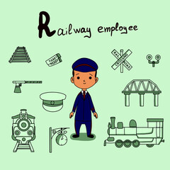 Cute vector alphabet Profession. Letter R - Railway Employee