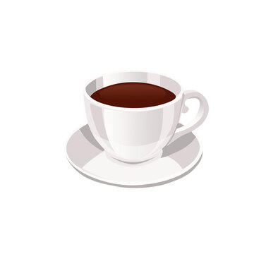 On white isolated background white porcelain or earthenware cup on saucer with black hot delicious coffee 