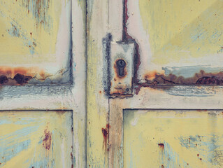 Locked rusty entrance industrial door. Vintage metal frame with paint res