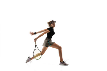 On fire. Young caucasian professional sportswoman playing tennis isolated on white background. Training, practicing in motion, action. Power and energy. Movement, ad, sport, healthy lifestyle concept.