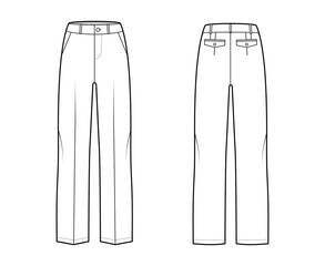 Pants tailored technical fashion illustration with low waist, rise, full length, slant slashed pockets, belt loops. Flat bottom trousers apparel template front, back white color. Men unisex CAD mockup