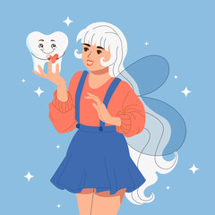 A cute tooth fairy is holding a cartoon happy tooth. Flat kids vector illustration