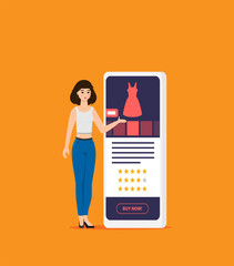 Flat vector. Young woman shop online using smartphone.