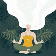 Young woman relaxes, meditates or rests in lotus position among nature and leaves. Concept illustration for yoga, sleep, recreation and healthy lifestyle. Vector flat style