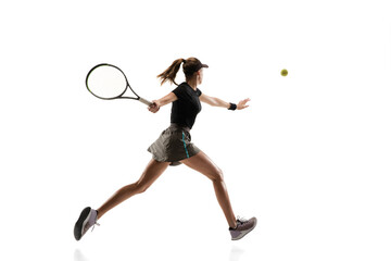 On fire. Young caucasian professional sportswoman playing tennis isolated on white background. Training, practicing in motion, action. Power and energy. Movement, ad, sport, healthy lifestyle concept.
