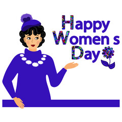 happy women's day. postcard. decorative lettering and a pretty girl in a beret. isolated on a white background. character.