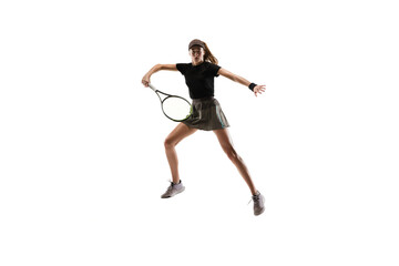 Fototapeta na wymiar Champion. Young caucasian professional sportswoman playing tennis isolated on white background. Training, practicing in motion, action. Power and energy. Movement, ad, sport, healthy lifestyle concept