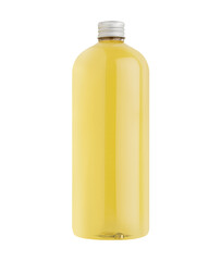 Transparent plastic tall bottle with orange drink, cooking oil or cosmetic produce, silver cap mockup, isolated. Template for portfolio, design, branding identity.