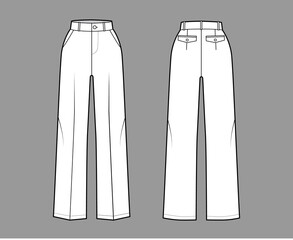 Pants tailored technical fashion illustration with normal waist, high rise, full length, slant, flap pockets. Flat bottom trousers apparel template front, back white color. Women men unisex CAD mockup