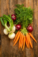 Fresh carrots bunch and onions