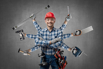 happy worker handyman ( Jack of all trades ) or builder with construction tools - obrazy, fototapety, plakaty