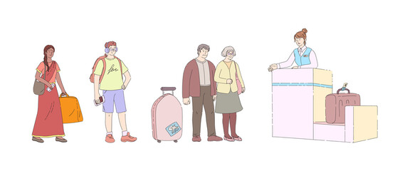 Airport departure area passenger together waiting in queue airport terminal. Plane boarding flight register, tourists with luggage in landing queue check in. Airport check in desk cartoon