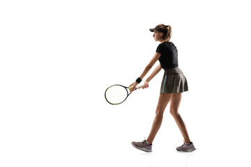 Walk over. Young caucasian professional sportswoman playing tennis isolated on white background....