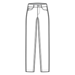 Skinny Jeans Denim pants technical fashion illustration with full length, low waist, rise, curved, coin, angled 5 pockets, Rivets. Flat bottom template front, white color style. Women, men CAD mockup