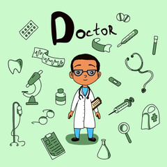 Cute vector alphabet Profession. Letter D - Doctor