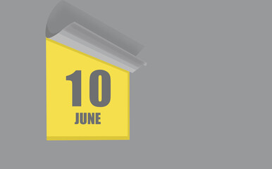 june 10. 10-th day of the month, calendar date. Gray numbers in a yellow window, on a solid isolated background. Spring month, day of the year concept