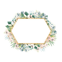 Hexagonal gold frame with small flowers of actinidia, bouvardia, tropical and palm leaves. Wedding bouquet in a frame for the design of a stylish invitation. Watercolour illustration.