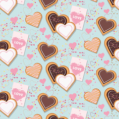 Heart shaped cookies pattern. Blue background for Valentines Day.