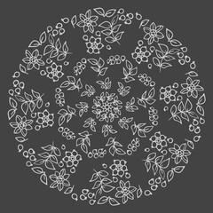 Flowers, leaves and berries in botanical composition. Vector hand drawing, line art. Coloring for adults and children. Mandala. Floral patterns for circular design