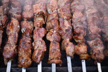 Fried kebab on a homemade grill, with smoke, with a shallow depth of field