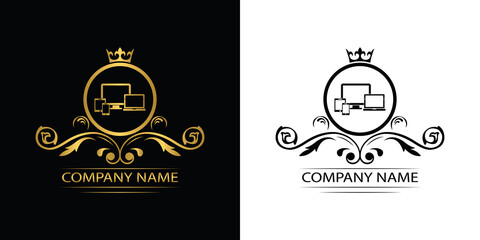 Smart Devices logo template luxury royal vector service company. Phone , tablet, laptop , computer shop decorative emblem with crown	
