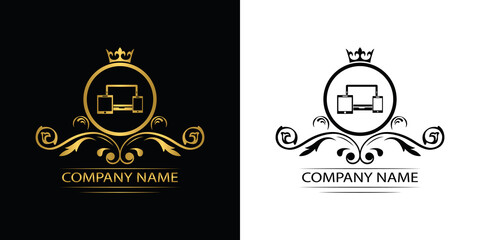 Smart Devices logo template luxury royal vector service company. Phone , tablet, laptop , computer shop decorative emblem with crown	
