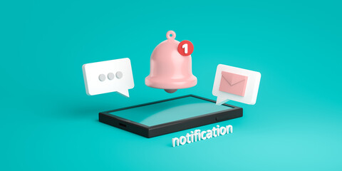 Notification message bell icon alert and alarm on pastel color background with smartphone reminder. 3D rendering. - obrazy, fototapety, plakaty